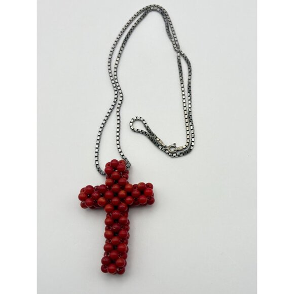 Vintage Red Beaded Cross Pendant Necklace with 925 Silver Chain Italy Religious - Picture 8 of 8